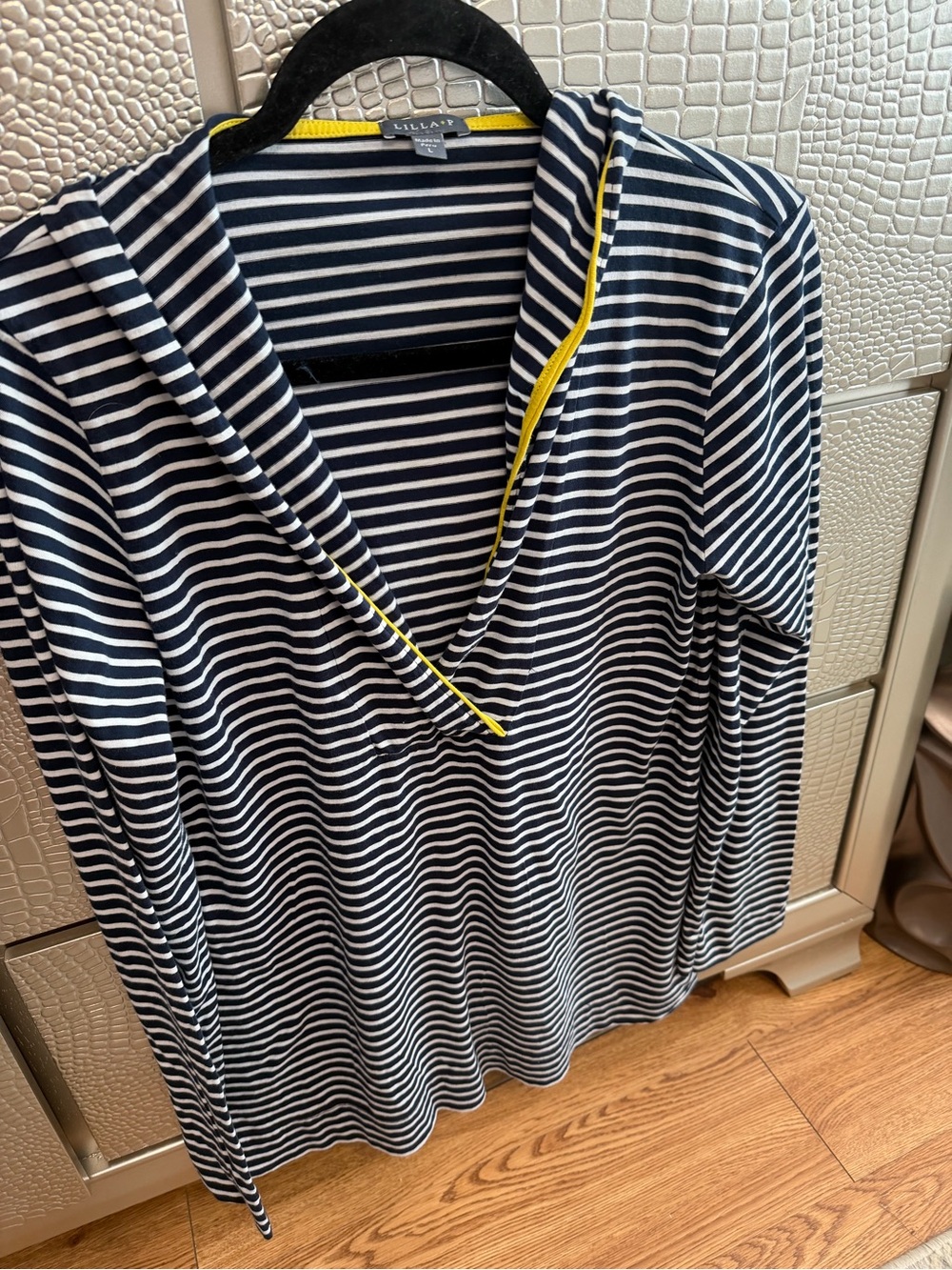 Lilla P Navy and White Striped Hooded Pullover with Yellow Trim - Picture 2 of 7